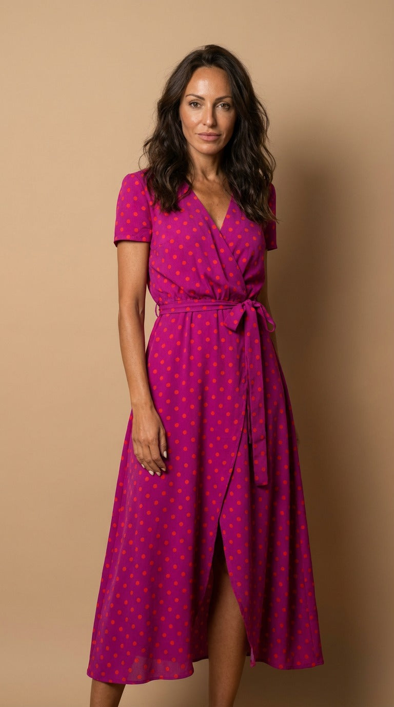 Surplice Neck Floral Print Short Sleeve Tie Waist Wrap Midi Dress 8