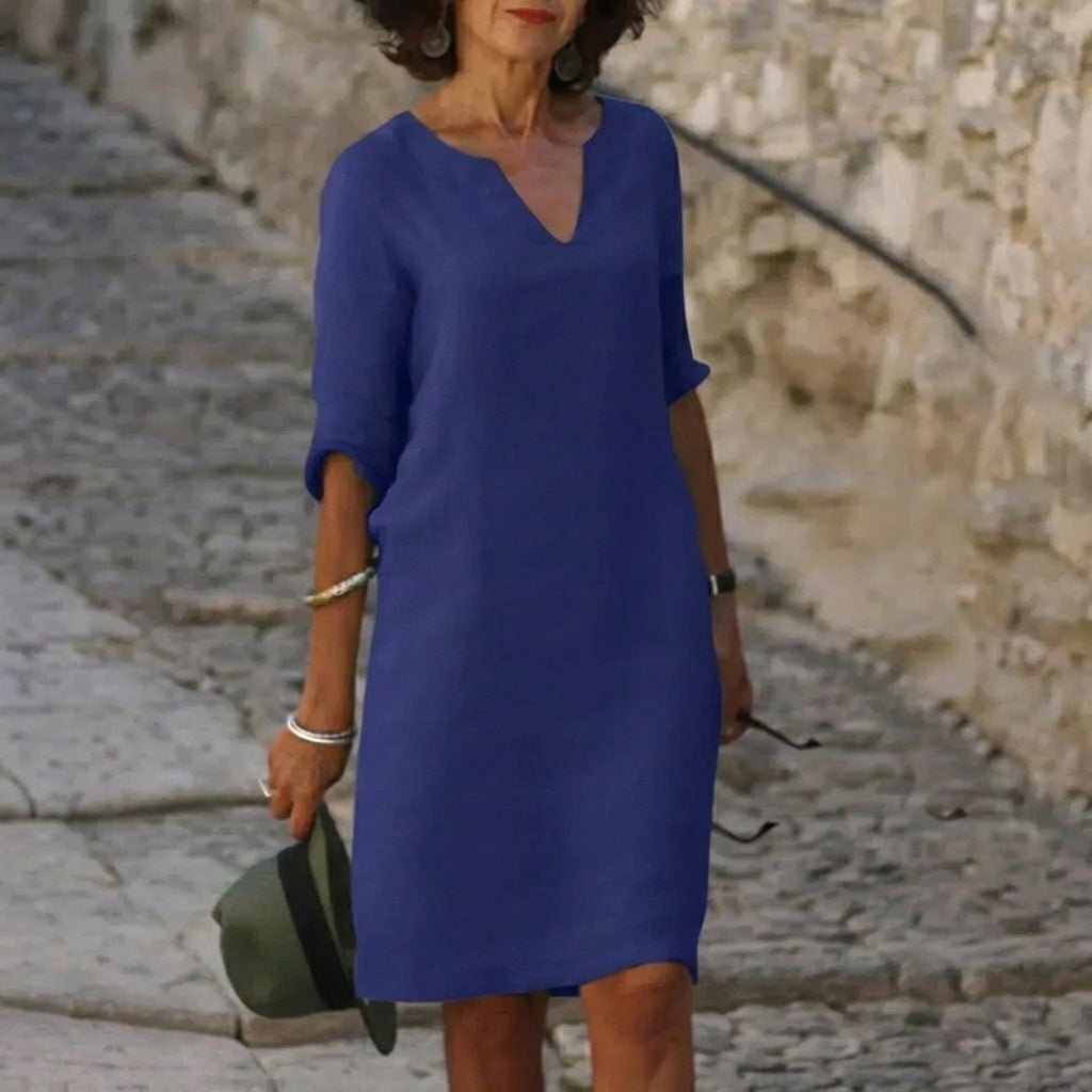 Split V-Neck Half Sleeve Linen Shift Midi Dress