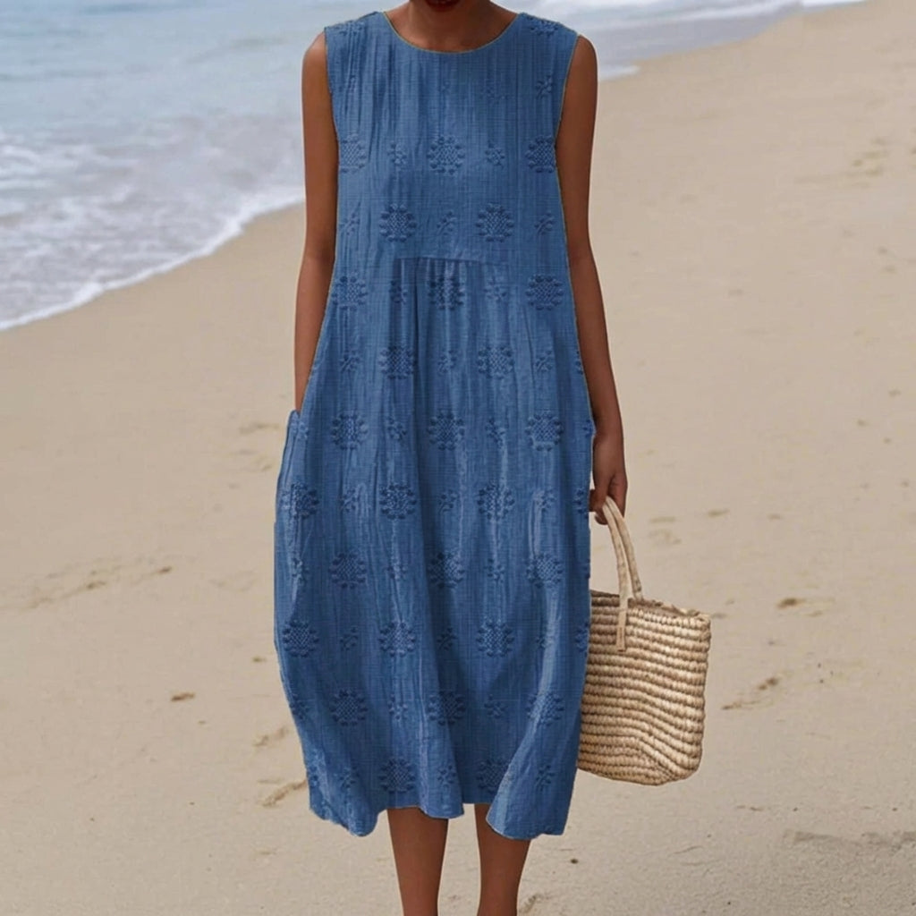 Round Neck Textured Jacquard Sleeveless A-Line Midi Dress