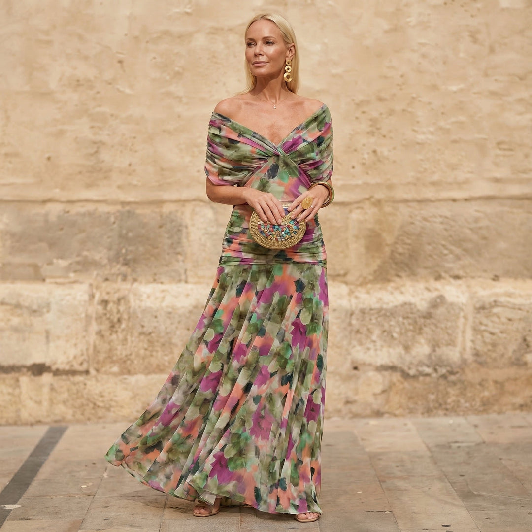 Multicolor Off-Shoulder Twist Front Watercolor Floral Ruched Chiffon Maxi Dress