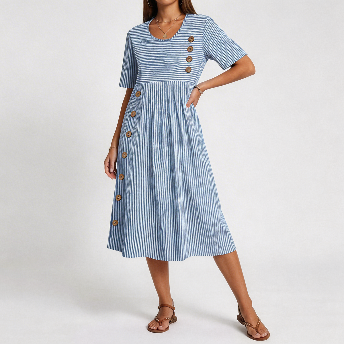 Round Neck Striped Button Detail Pocket A-Line Midi Dress 3