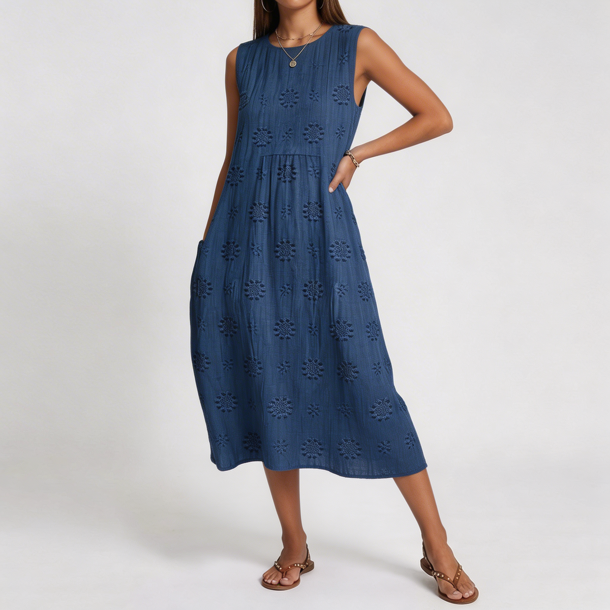 Round Neck Textured Jacquard Sleeveless A-Line Midi Dress