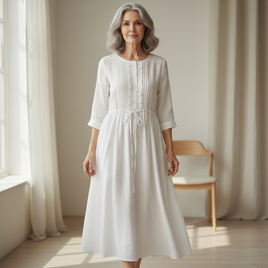 Round Neck Ruffle Placket Roll Sleeve Drawstring Linen Maxi Dress