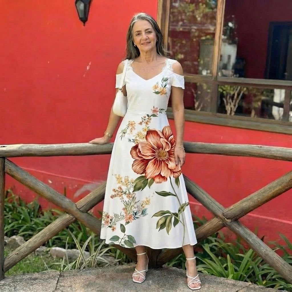 White V-Neck Lace Cold Shoulder Floral Short Sleeve A-Line Maxi Dress 6