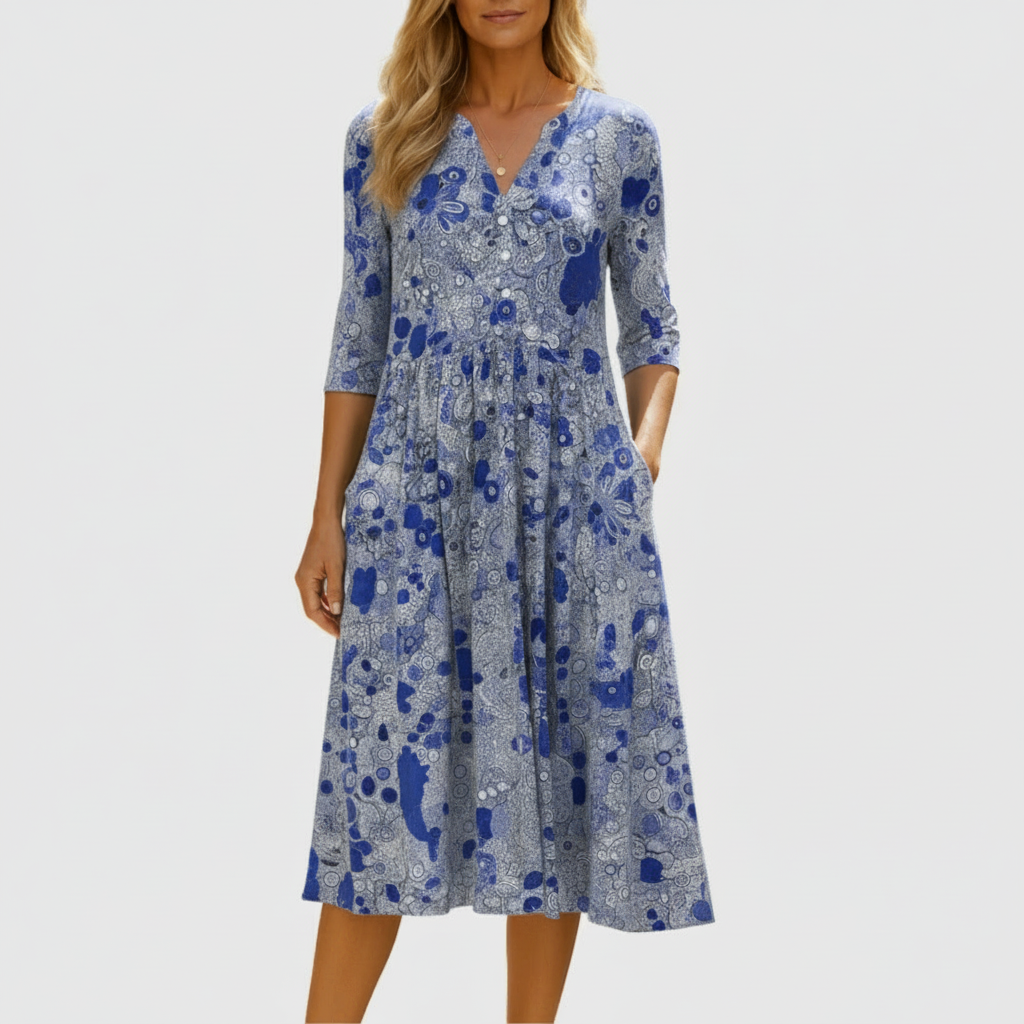 V-Neck Three Quarter Sleeve Floral Button Front A-Line Midi Dress