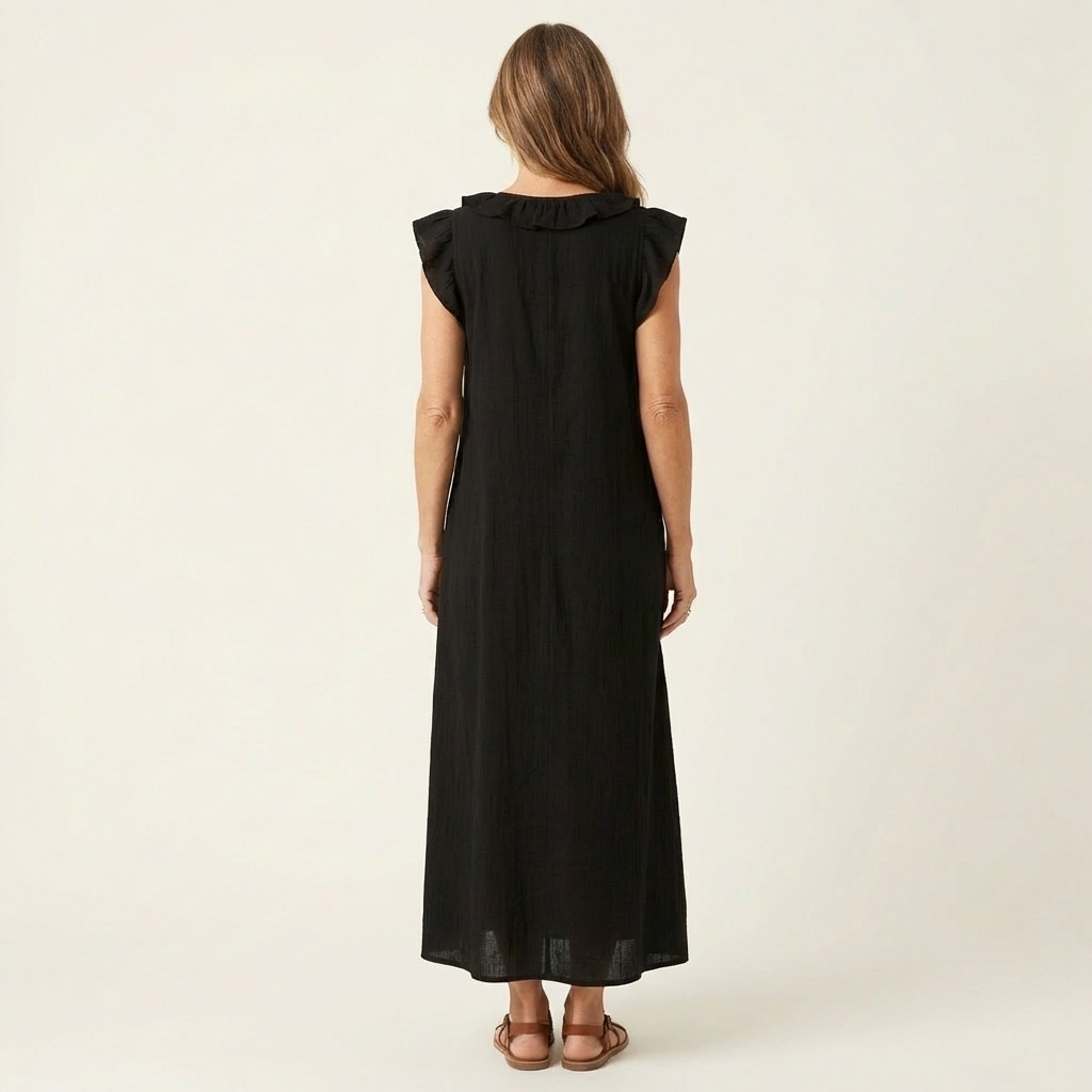 Ruffle V-Neck Flutter Sleeve Linen A-Line Maxi Dress 10