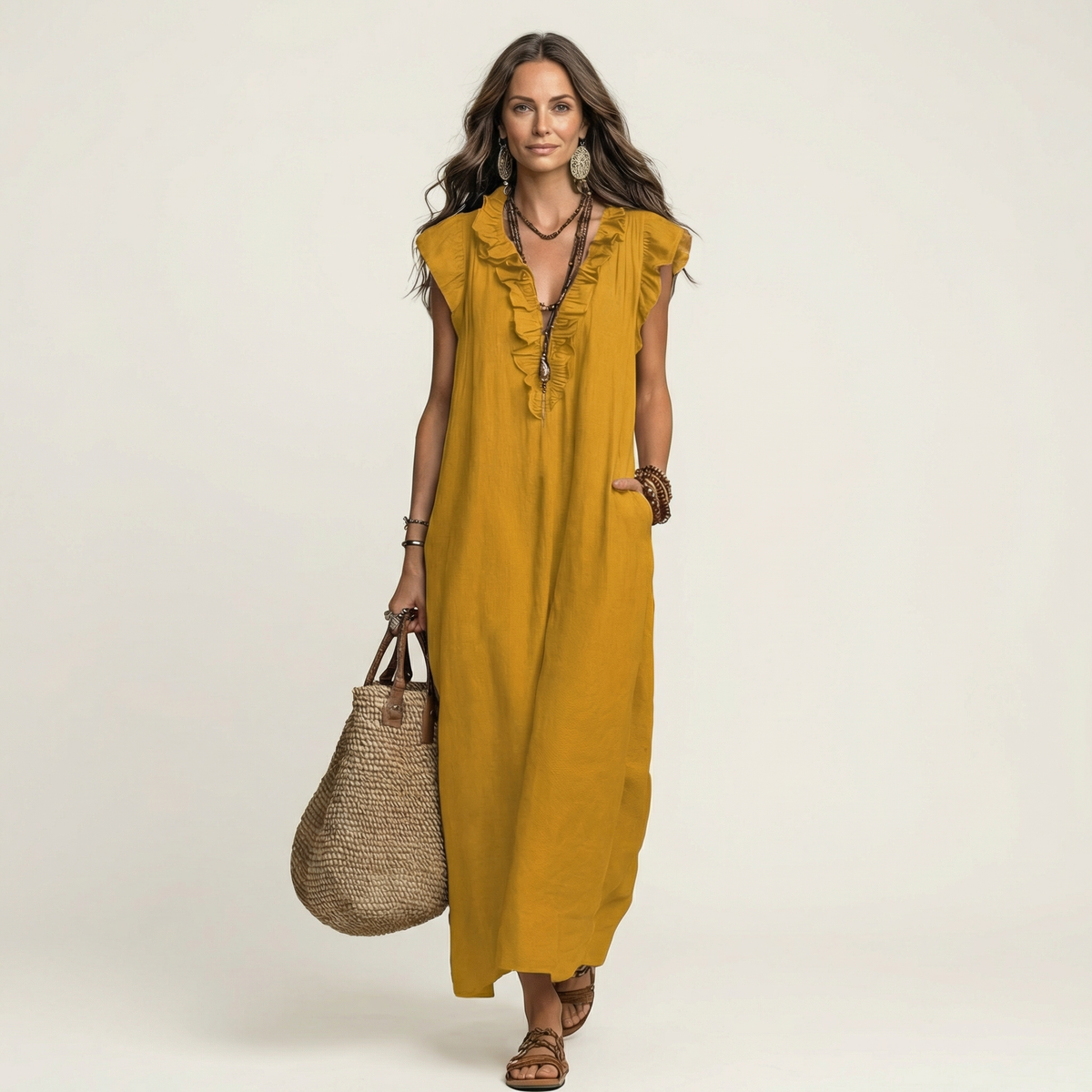 Ruffle V-Neck Flutter Sleeve Button Linen A-Line Maxi Dress 13
