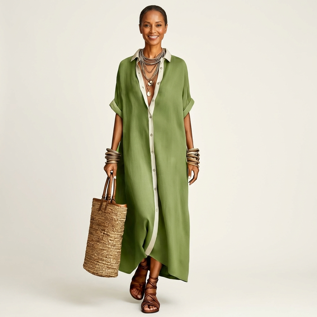 Collared Contrast Placket Short Sleeve Linen Button-Front Shirt Maxi Dress 9