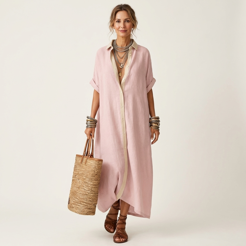 Collared Contrast Placket Button Front Short Sleeve Oversized Shirt Maxi Dress 7