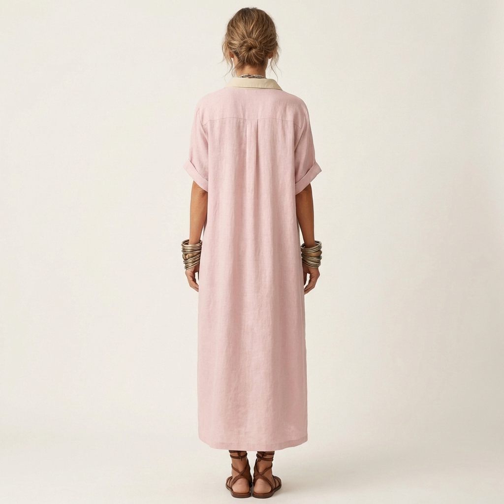 Collared Contrast Placket Short Sleeve Linen Button-Front Shirt Maxi Dress 8
