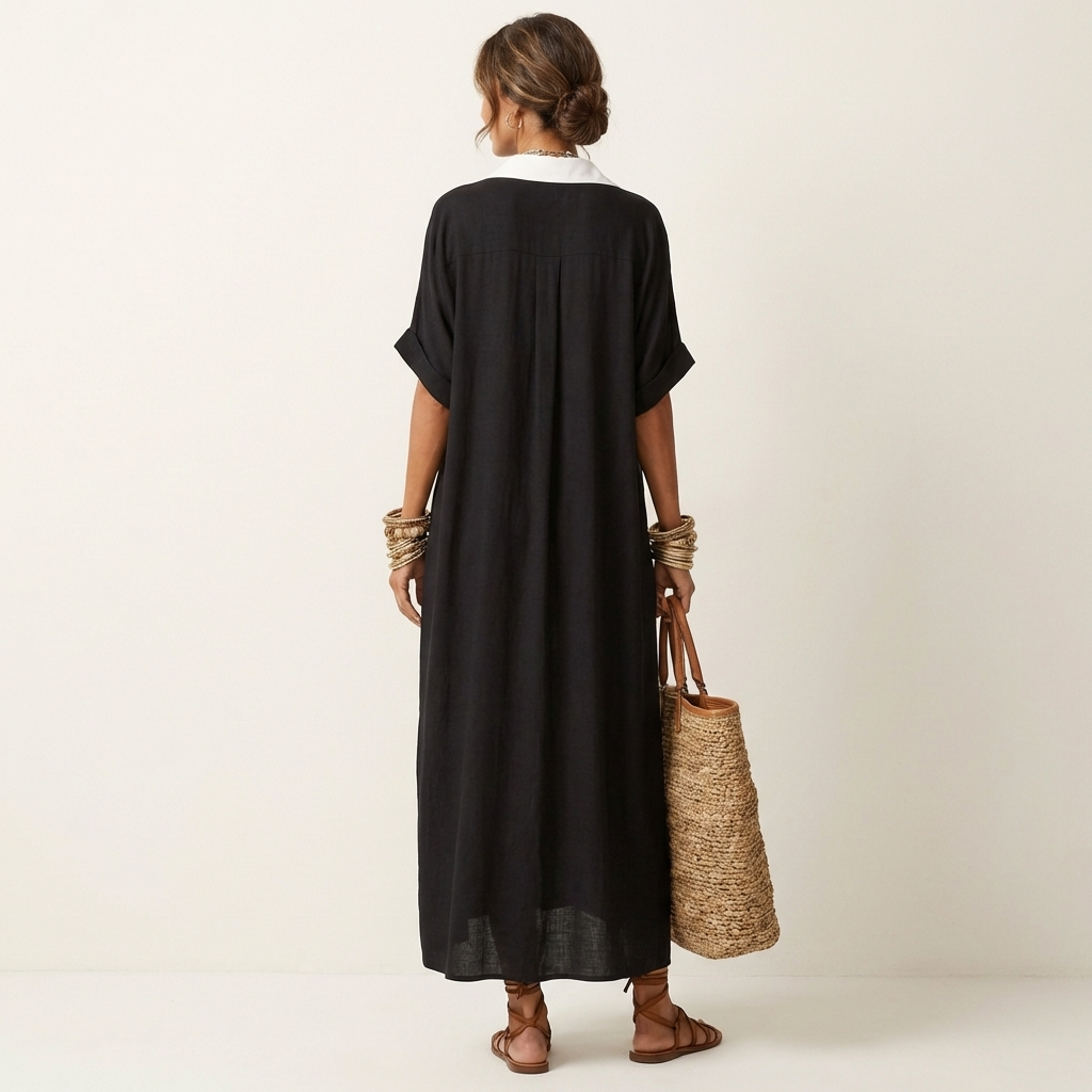 Collared Contrast Placket Button Front Short Sleeve Oversized Shirt Maxi Dress 6