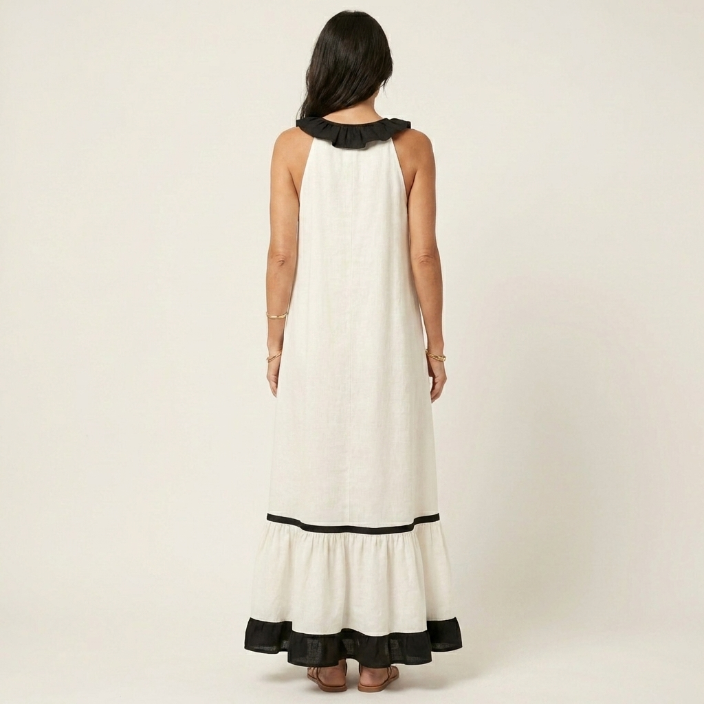Ruffle V-Neck Sleeveless Contrast Trim Tiered Flowy Maxi Dress 12