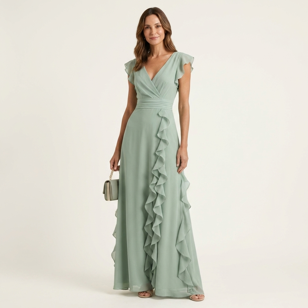 Wrap V-Neck Flutter Sleeve Cascading Ruffle Chiffon Maxi Dress 11