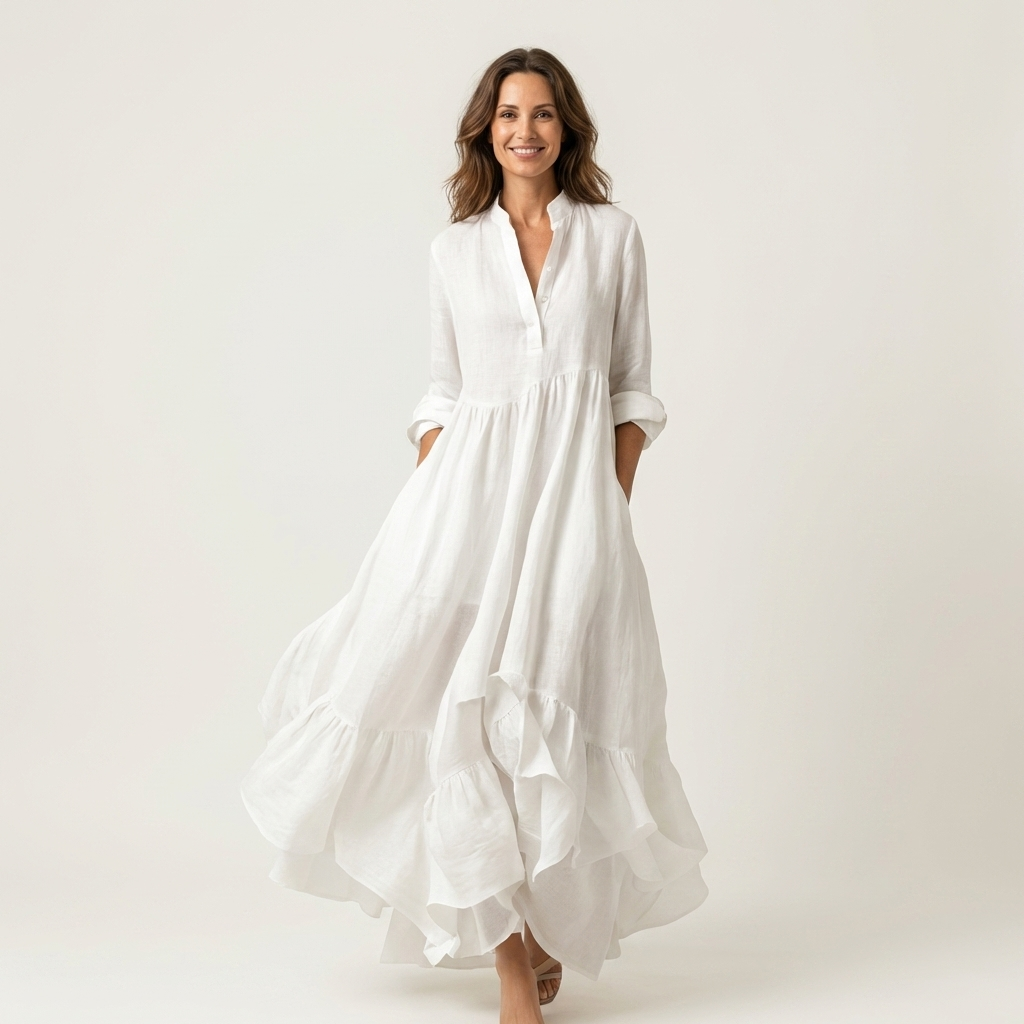 Band Collar Long Sleeve Linen Tiered Ruffle Maxi Dress