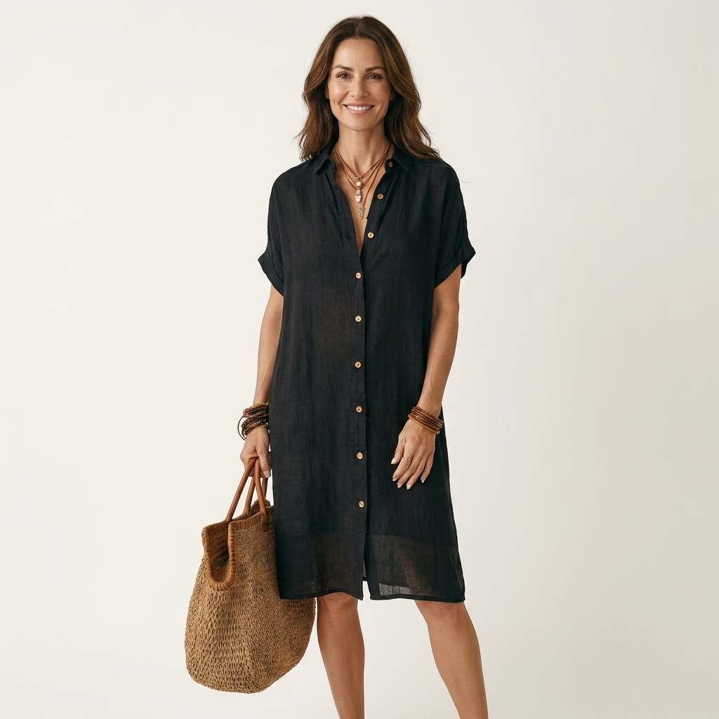 Collared Button Front Roll Sleeve Linen Shirt Midi Dress 3