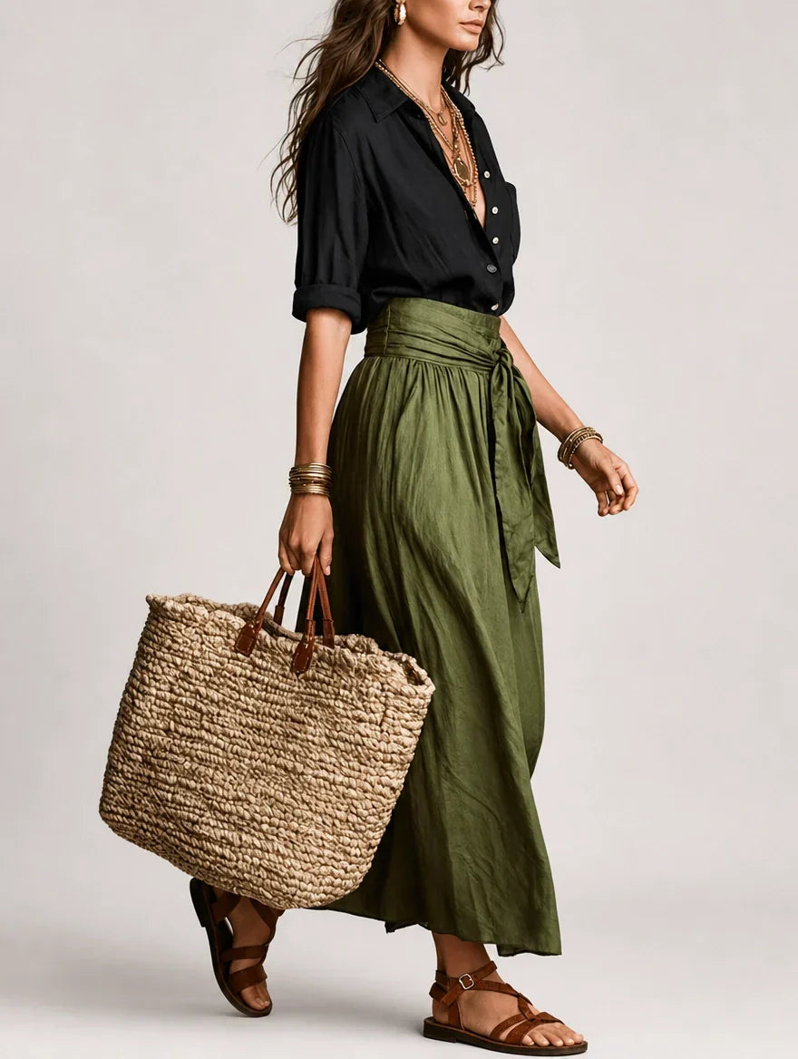 High-Waist Tie-Front Pleated Flowy Maxi Skirt 2