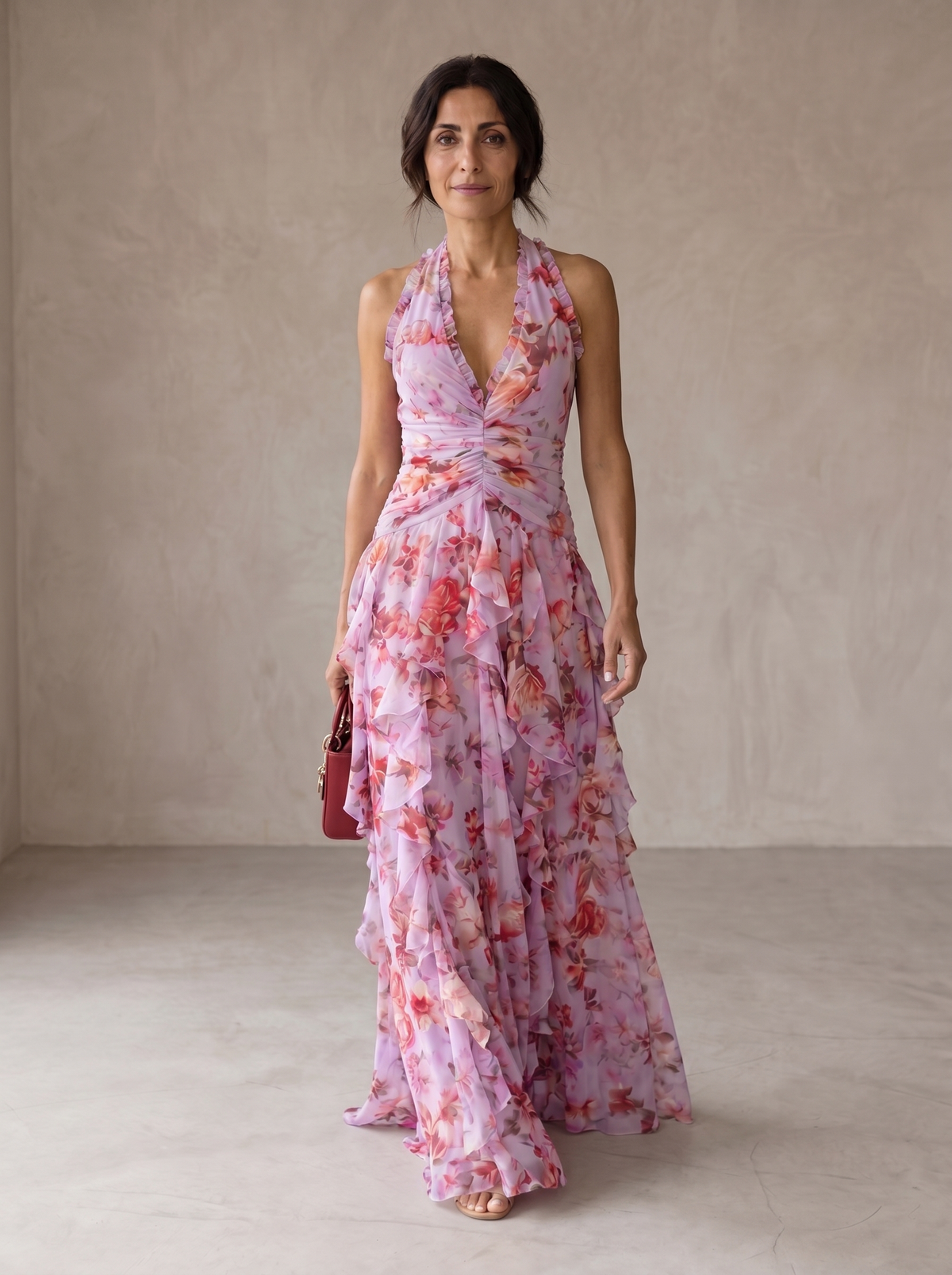 Halter V-Neck Floral Ruched Cascading Ruffle Maxi Gown