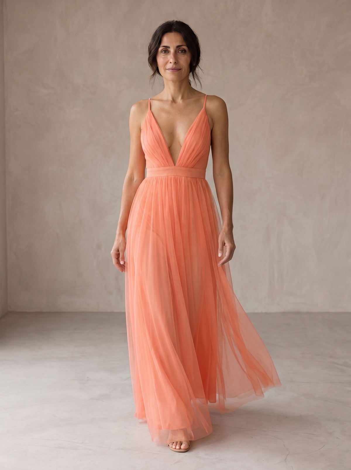 Spaghetti Strap Plunge V-Neck Tulle Pleated A-Line Maxi Gown