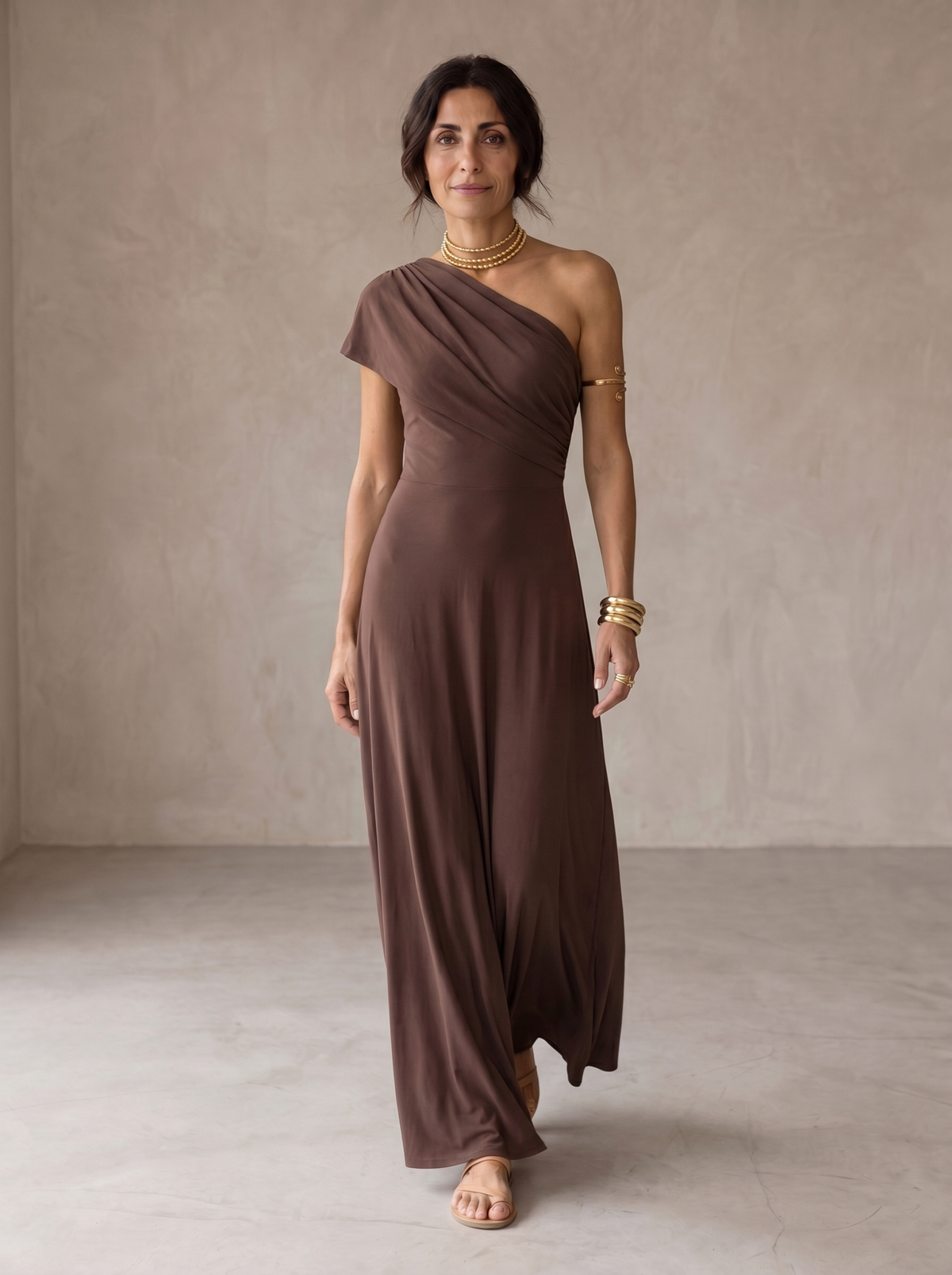 One Shoulder Draped Ruched Waist Flowy Maxi Gown