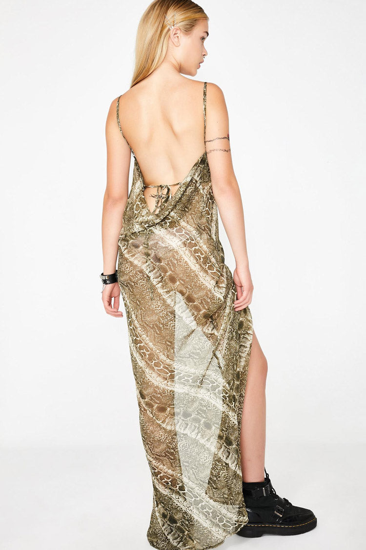 Snake Spaghetti Strap Cowl Neck Snake Print High Slit Slip Maxi Dress 2