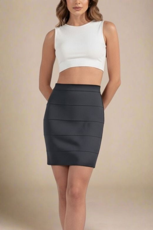 Woman wearing a figure flattering  High Waist Bandage Mini Skirt - Classic Black BODYCON COLLECTION