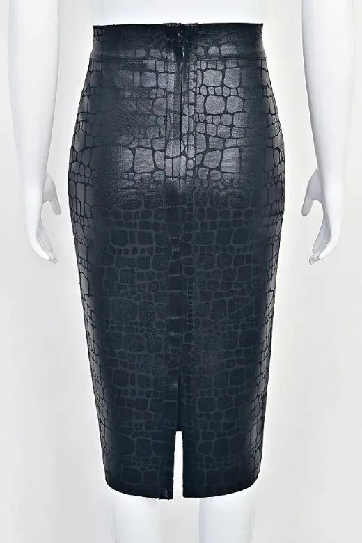 High Waist Leather Pencil Skirt Midi Length - Crocodile Black