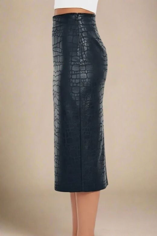 High Waist Leather Pencil Skirt Midi Length - Crocodile Black