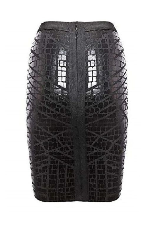 High Waist Leather Pencil Skirt Mini Length - Crocodile Black