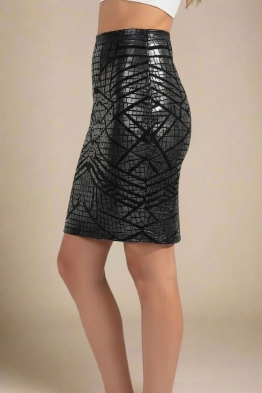 High Waist Leather Pencil Skirt Mini Length - Crocodile Black