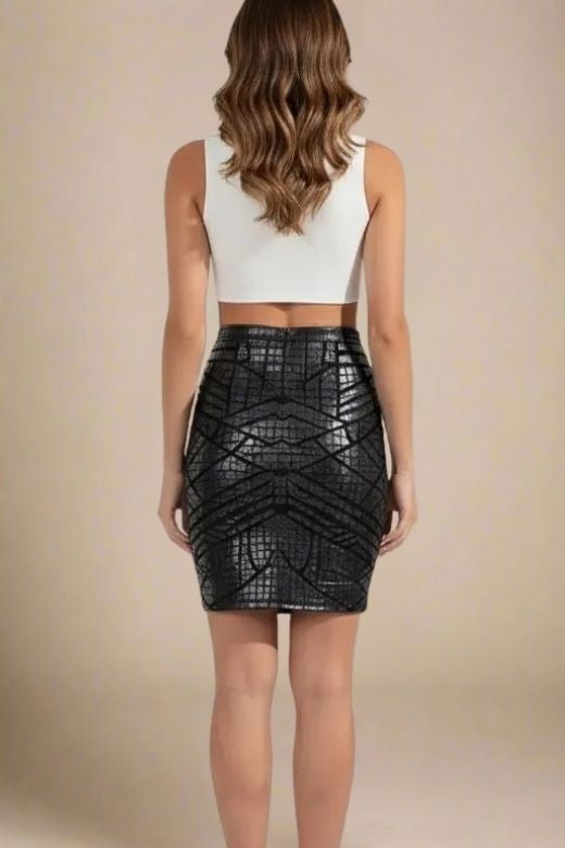 High Waist Leather Pencil Skirt Mini Length - Crocodile Black