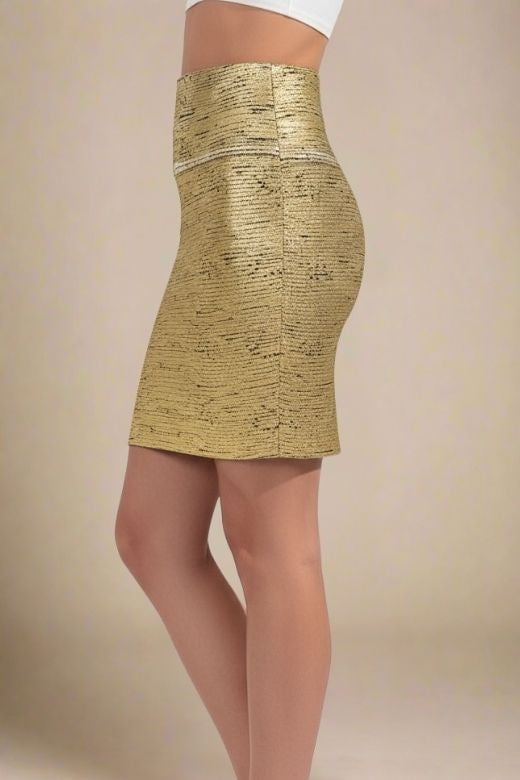 High Waist Leather Pencil Skirt Mini Length - Gold Black
