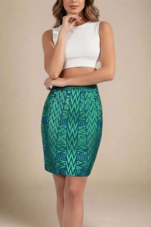 Woman wearing a figure flattering  High Waist Metallic Mini Skirt - Emerald Green BODYCON COLLECTION