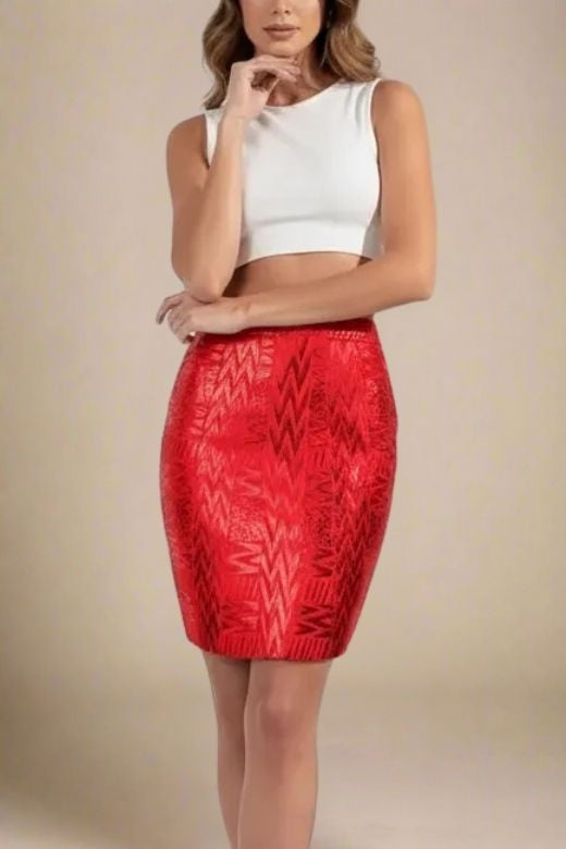 Woman wearing a figure flattering  High Waist Metallic Mini Skirt - Lipstick Red BODYCON COLLECTION