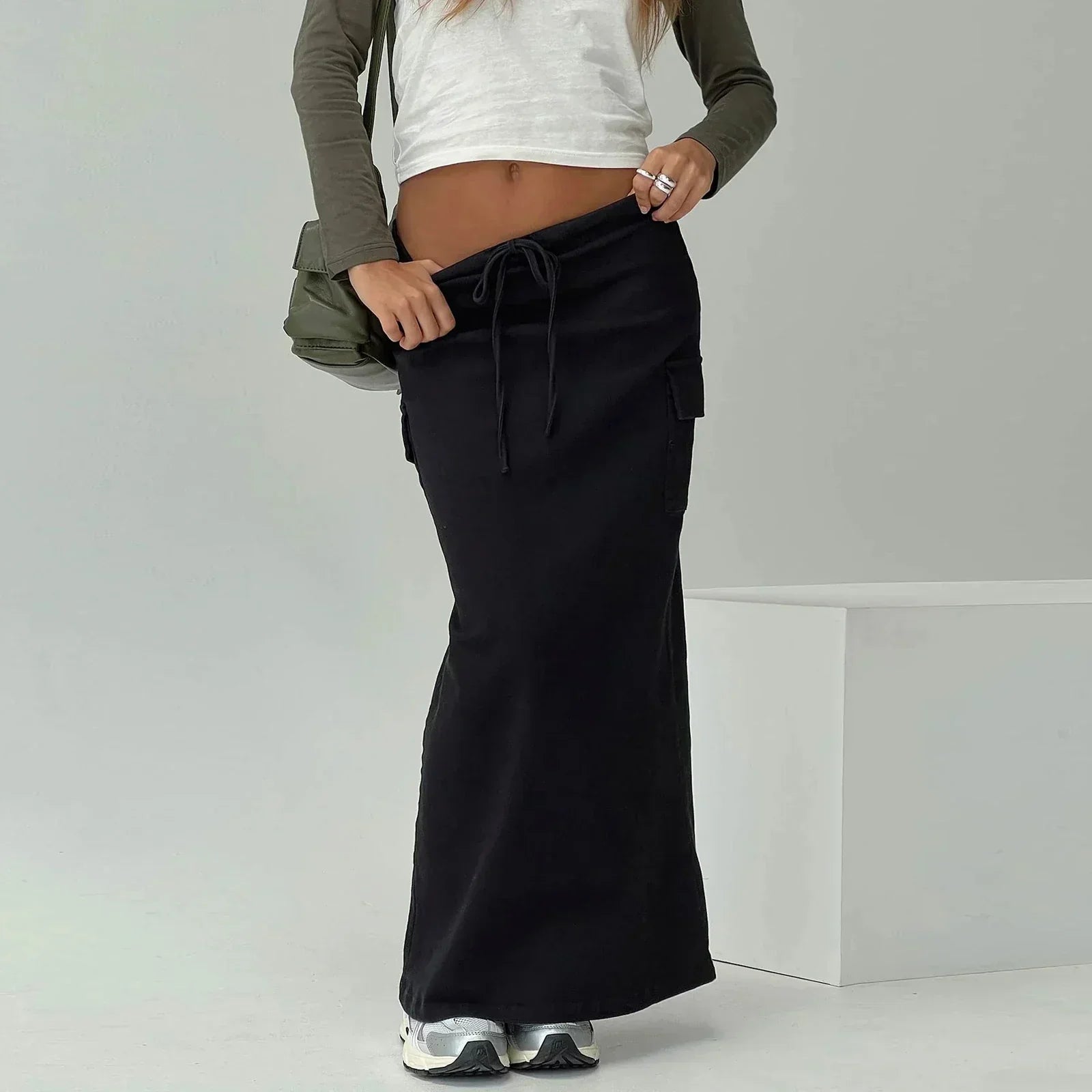 Y2K Cargo Drawstring Bodycon Slit Maxi Skirt Black / S