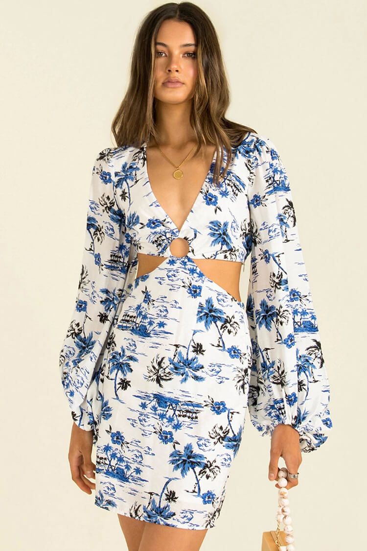 Blue V-Neck Tropical Floral O-Ring Cutout Long Sleeve Bodycon Mini Dress