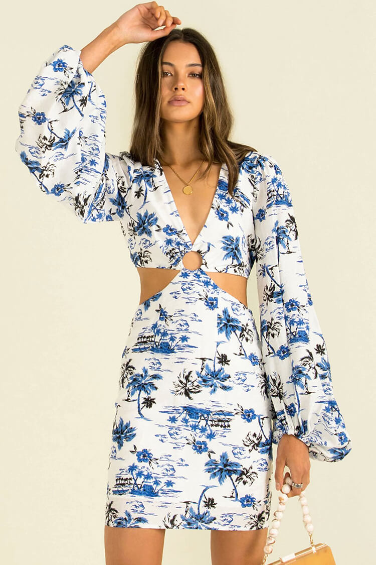 Blue V-Neck Tropical Floral O-Ring Cutout Long Sleeve Bodycon Mini Dress