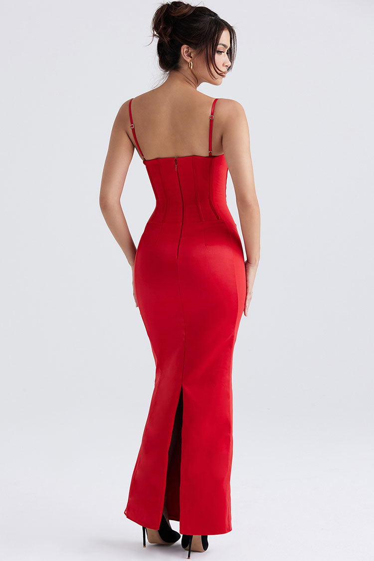 Red Spaghetti Strap Sweetheart Corset Satin Bodycon Maxi Dress