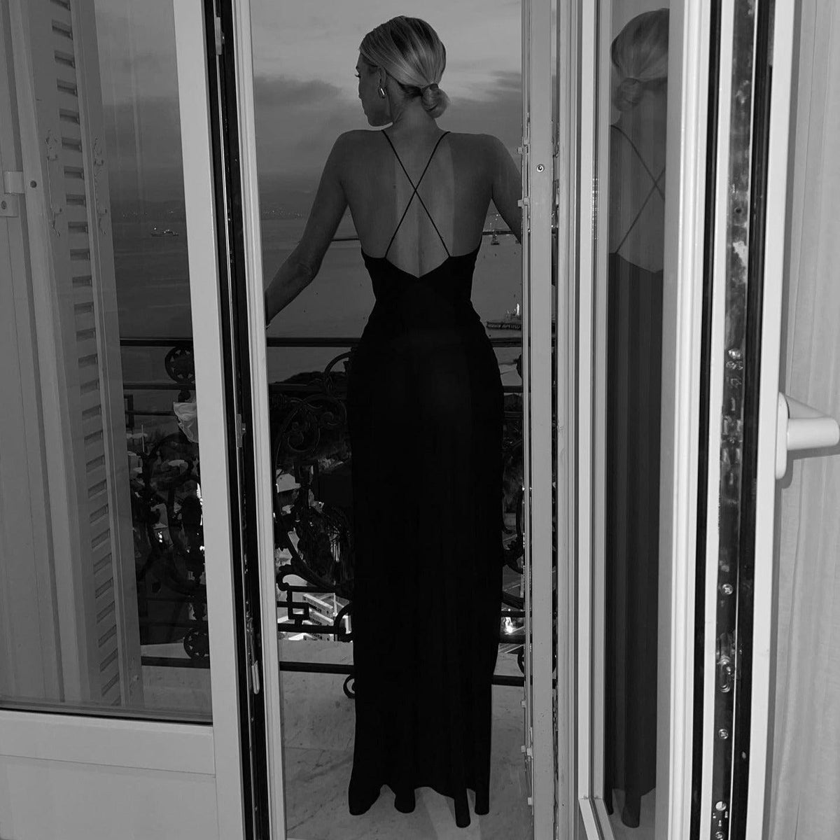 Spaghetti Strap Deep V-Neck Rosette Bodycon Maxi Gown