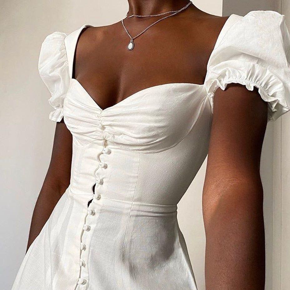 White Square Neck Puff Sleeve Ruched Button Front A-Line Midi Dress