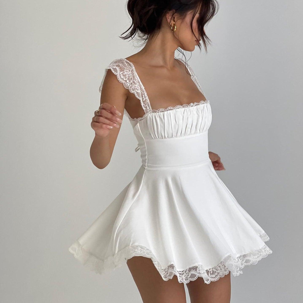 Lace Trim Cap Sleeve Lace-Up Corset Back Flared Mini Dress