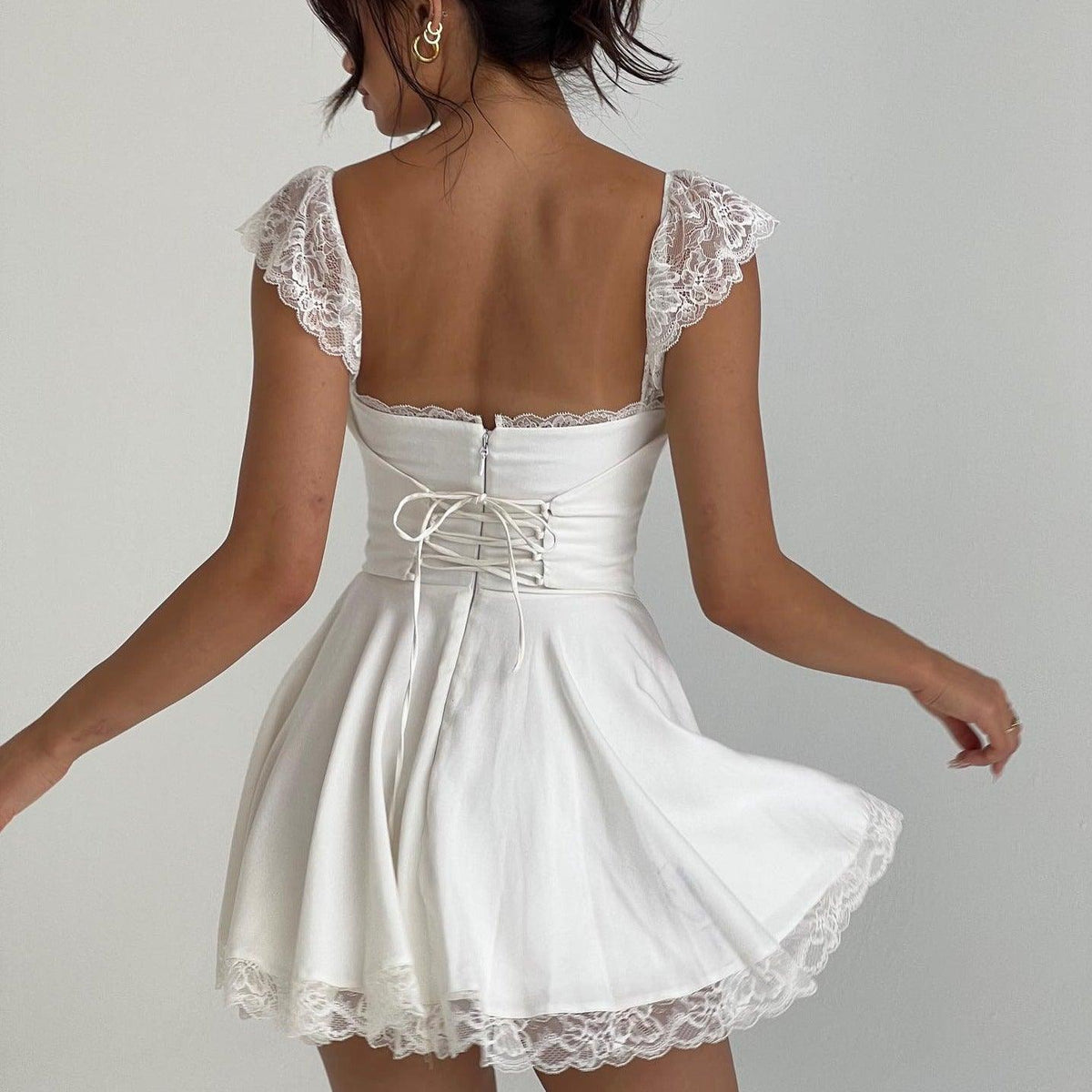 Lace Trim Cap Sleeve Lace-Up Corset Back Flared Mini Dress