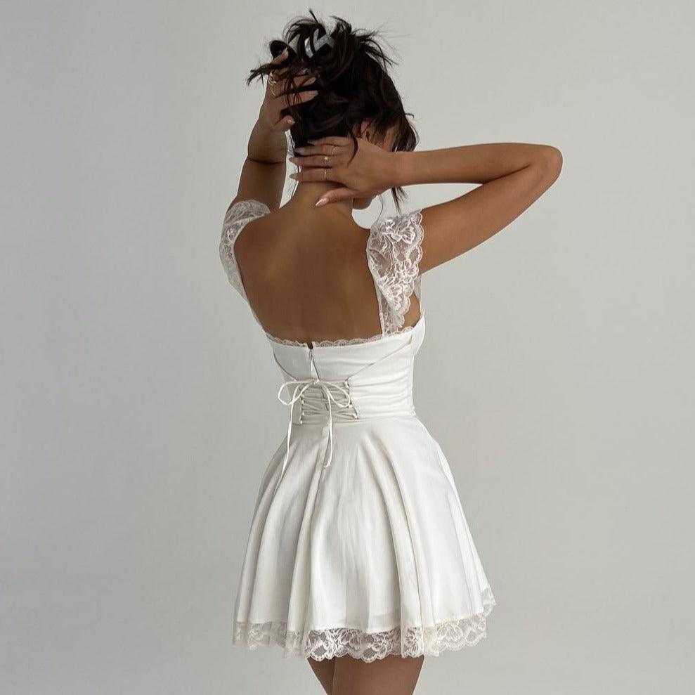 Lace Trim Cap Sleeve Lace-Up Corset Back Flared Mini Dress