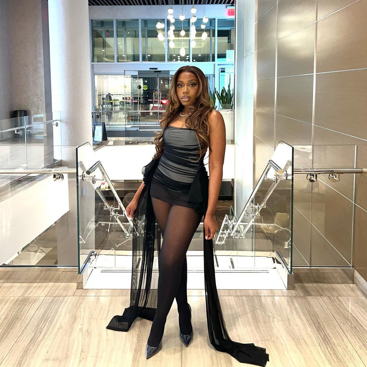 Strapless Sheer Mesh Ruched Draped Train Bodycon Mini Dress