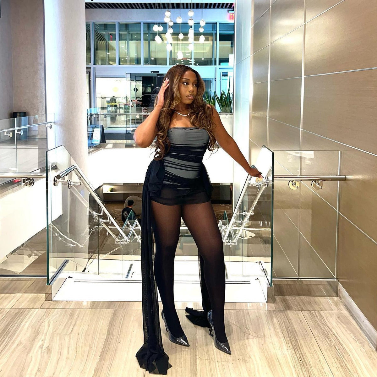 Strapless Sheer Mesh Ruched Draped Train Bodycon Mini Dress