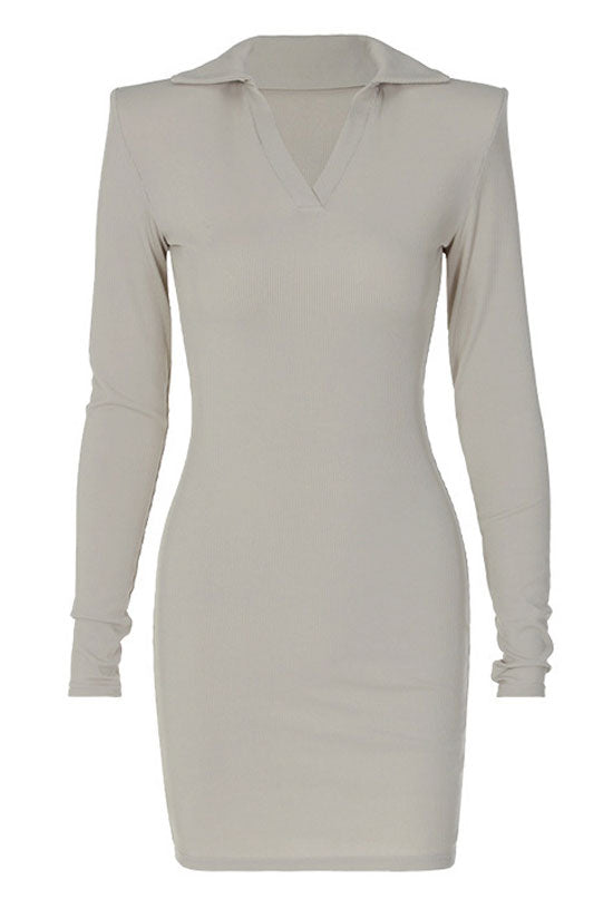 Gray Collared V-Neck Long Sleeve Ribbed Knit Bodycon Mini Dress