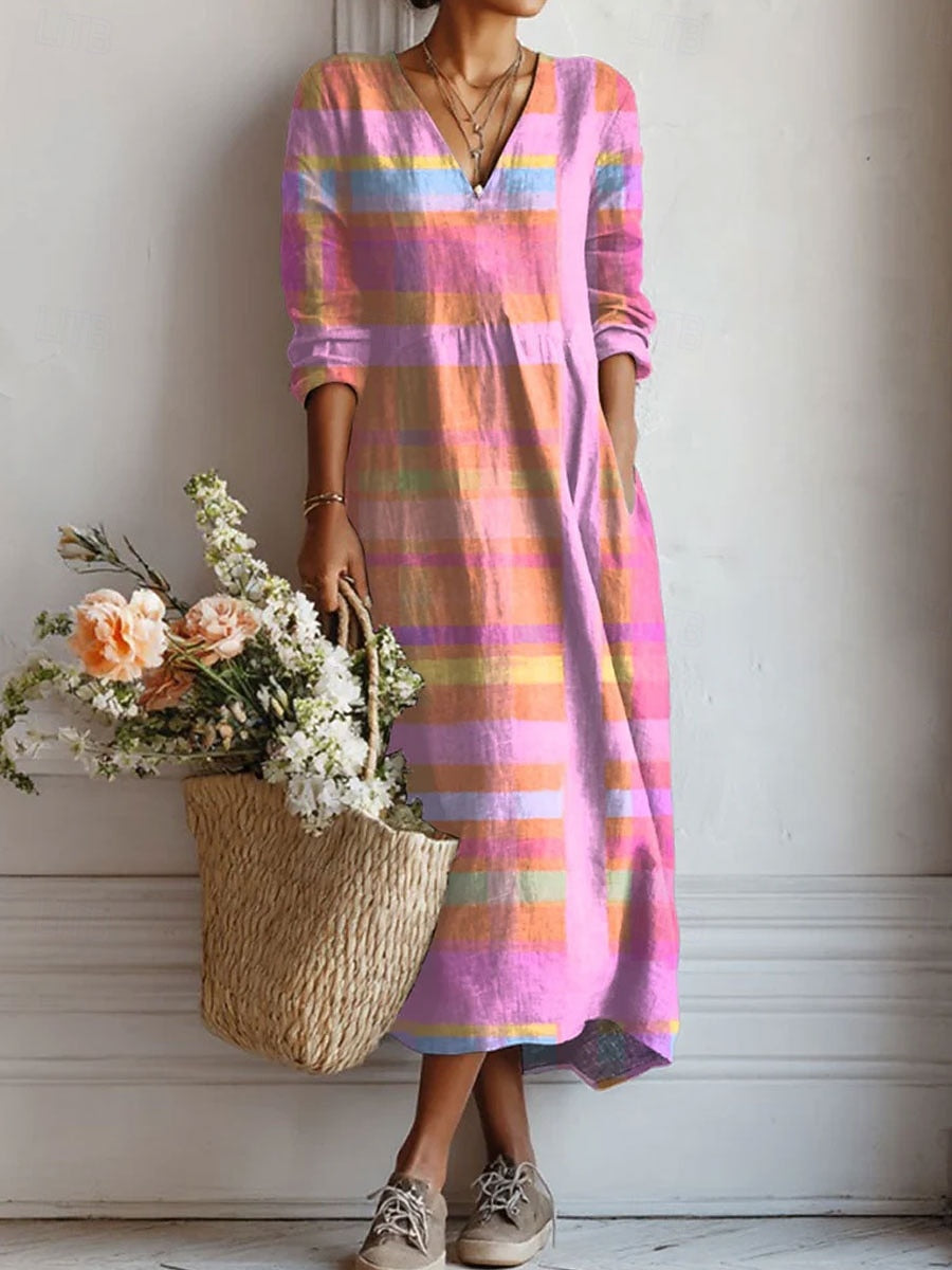 Multicolour V-Neck Plaid Long Sleeve Pocket Shift Maxi Dress