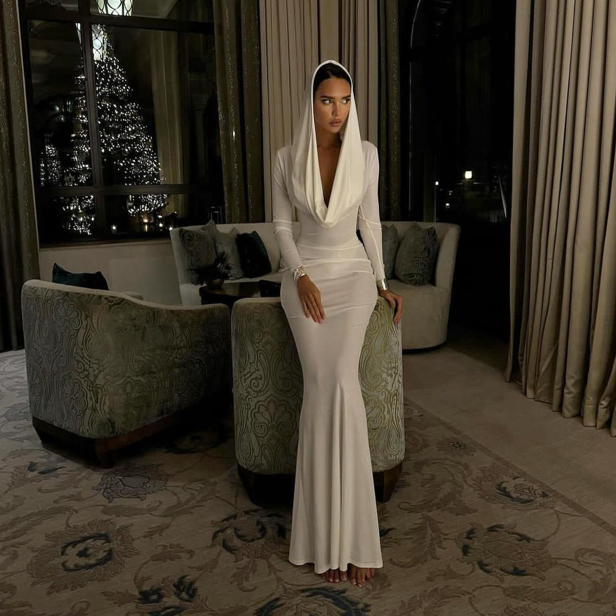 Hooded Cowl Neck Long Sleeve Ruched Bodycon Maxi Dress