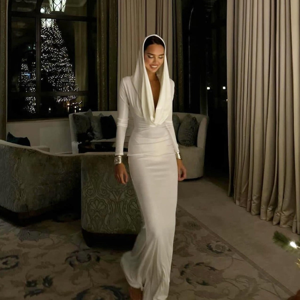 Hooded Cowl Neck Long Sleeve Ruched Bodycon Maxi Dress
