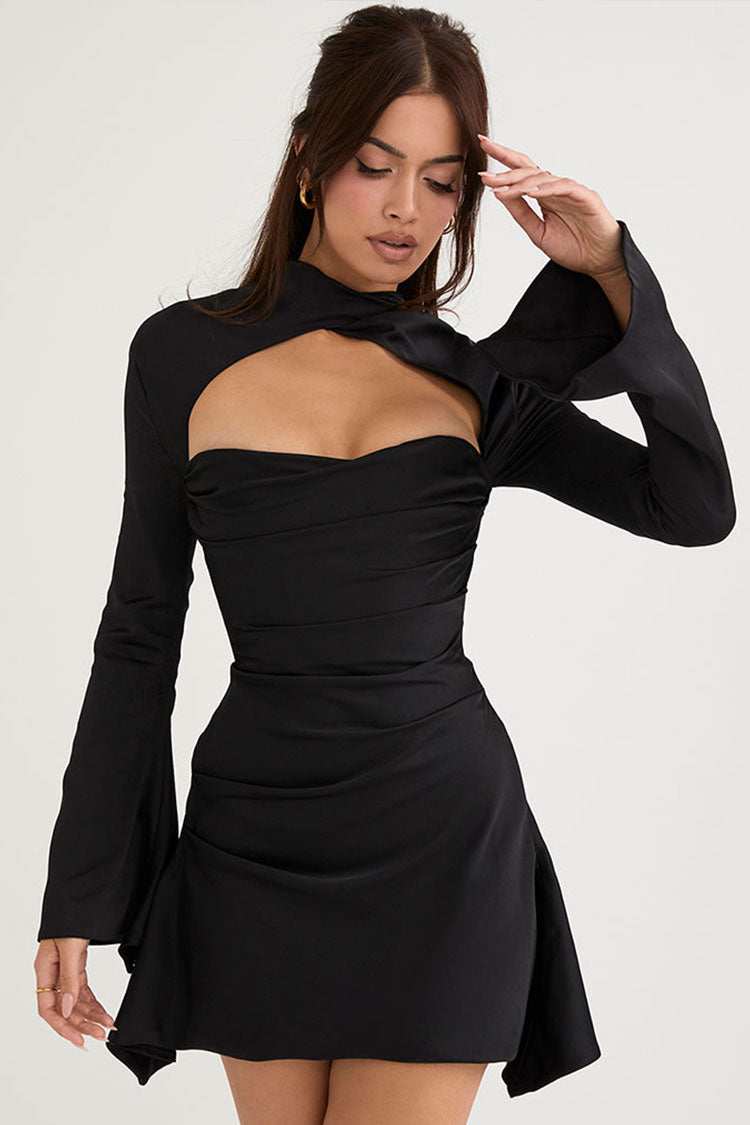 Black High Neck Long Sleeve Satin Cutout Ruched Bodycon Mini Dress