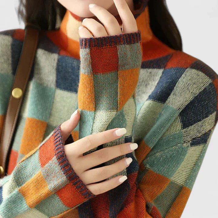 Multicolored Mock Neck Checkerboard Knit Long Sleeve Oversized Sweater